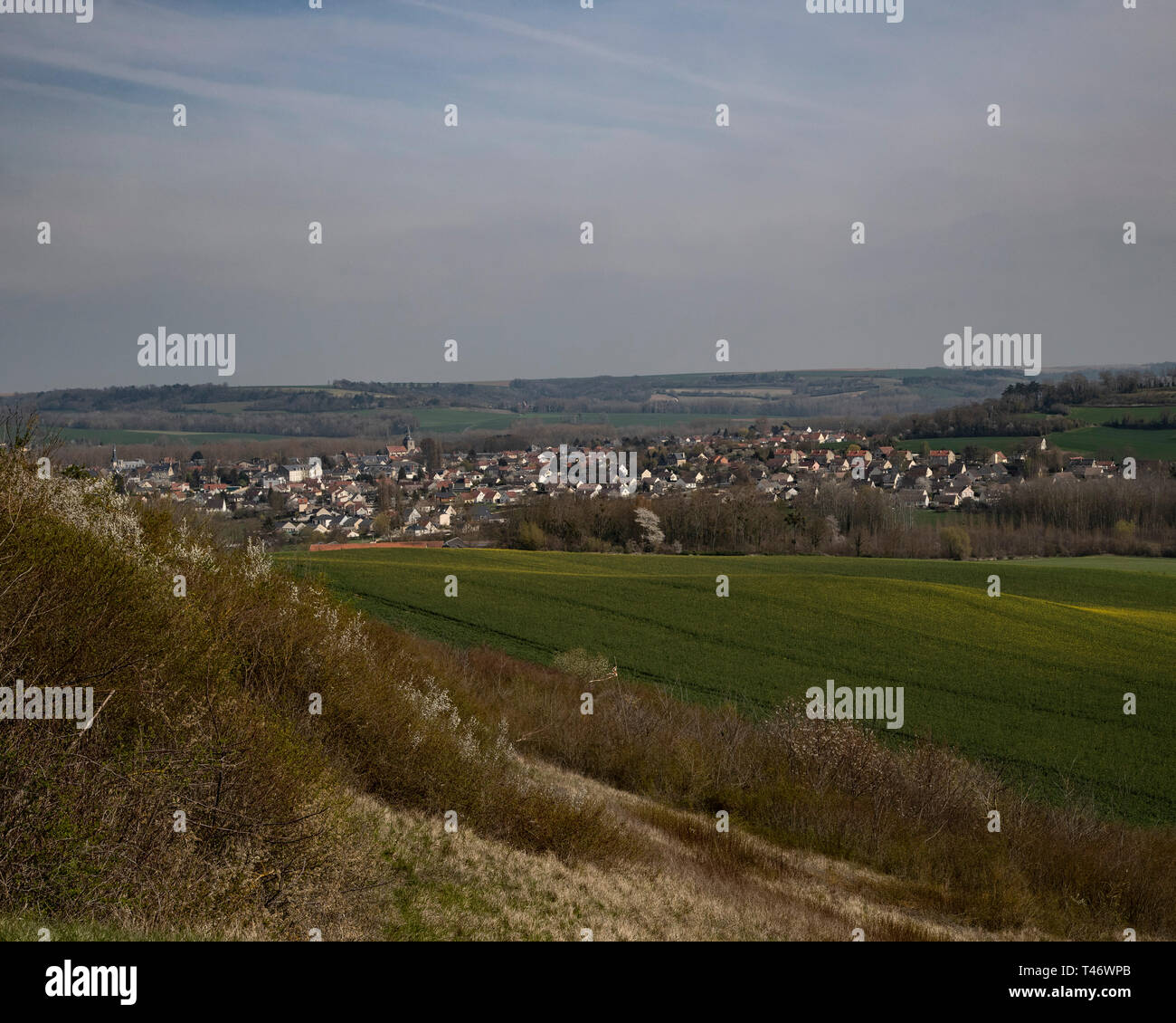 The village of Fismes, Aisne, France seen from Route d'Epernay Stock Photo