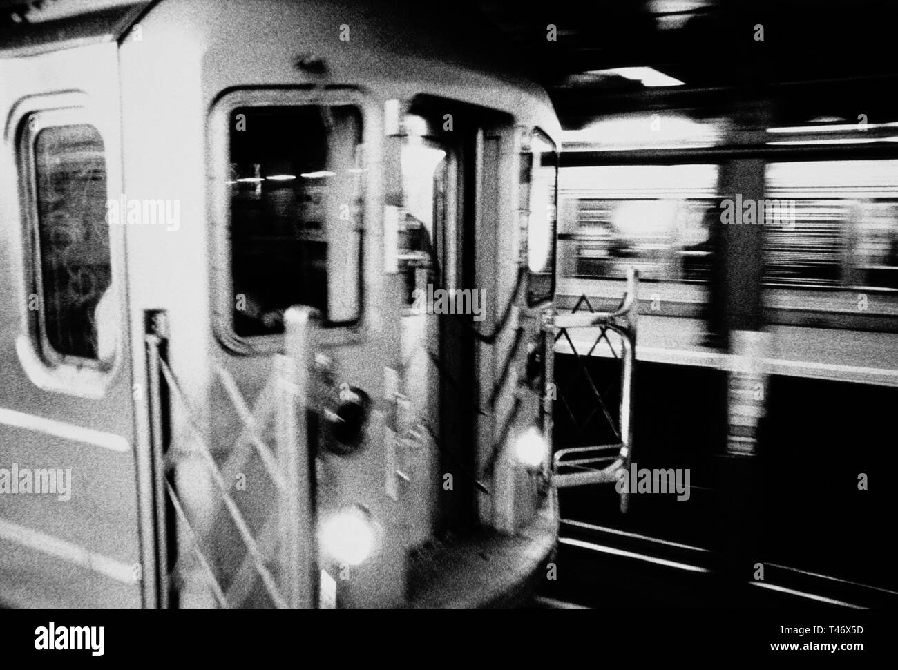 New York City Subway Train is speeding down the track, USA, 1995 Stock Photo