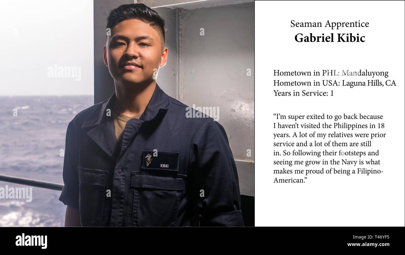 Seaman Apprentice  Gabriel Kibic    Hometown in PHL: Mandaluyong  Hometown in USA: Laguna Hills, CA  Years in Service: 1    “I’m super exited to go back because I haven’t visited the Philippines in 18 years. A lot of my relatives were prior service and a lot of them are still in. So following their footsteps and seeing me grow in the Navy is what makes me proud of being a Filipino- American.” Stock Photo