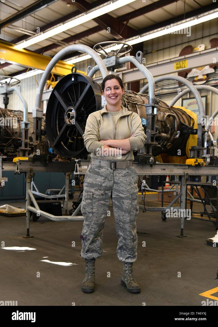 Airman First Class Rachel Kingsley, 104th Maintenance Group aircraft engine mechanic, has worked in the engine shop for four months and is honing her skills as an engine mechanic to ensure the F-15 Eagles are ready to fly. Kingsley said that working as an aircraft engine mechanic at the 104th Fighter Wing has helped her build confidence and leadership skills. Stock Photo