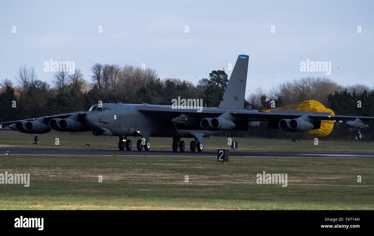 A B-52 Stratofortress deployed from Barksdale Air Force Base, La., lands on the flight line in support of U.S. Strategic Command’s Bomber Task Force (BTF) in Europe at RAF Fairford, England, March 14, 2019. Missions like the BTF in Europe are held in different geographic locations to familiarize aircrew and other Airmen with bases and operations in different Geographic Combatant Commands. Stock Photo