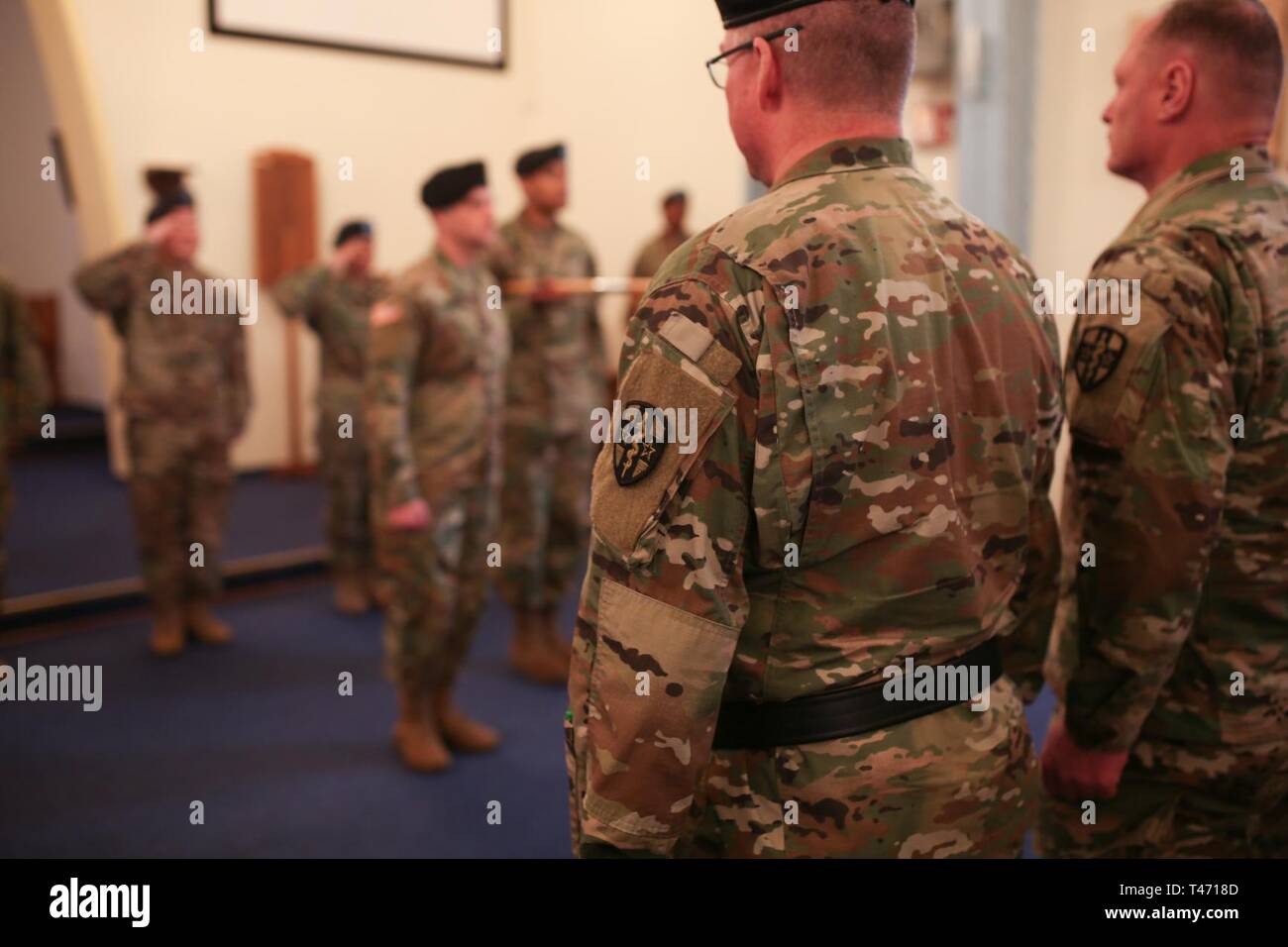 The 7221st Medical Support Unit transferred authority of the Deployed Warrior Medical Management Center mission to the 7234th Medical Support Unit at Landstuhl Regional Medical Center in Landstuhl, Germany, on March 14, 2019. Stock Photo