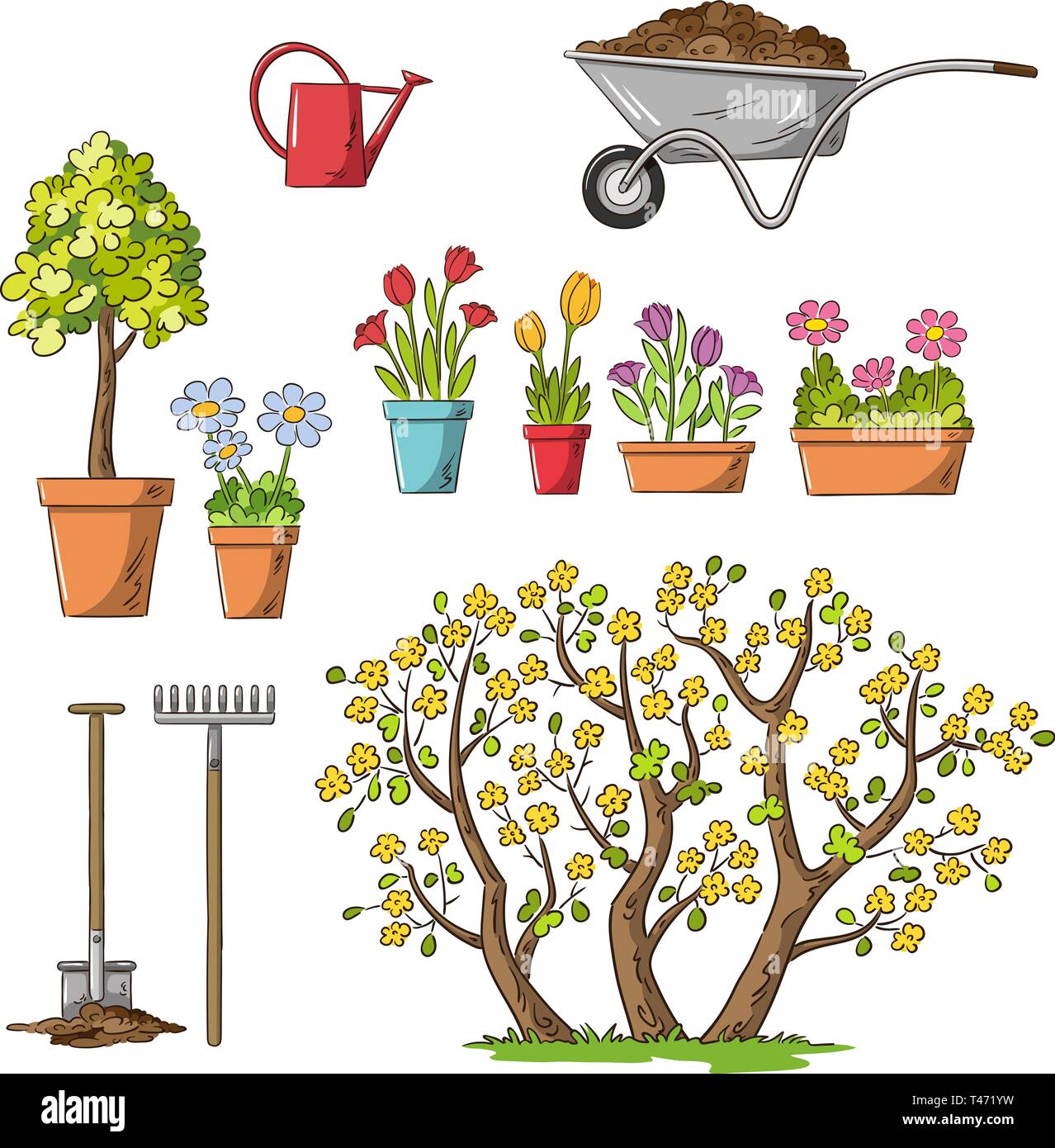 Collection of flowers and garden tools. Hand draw vector illustration