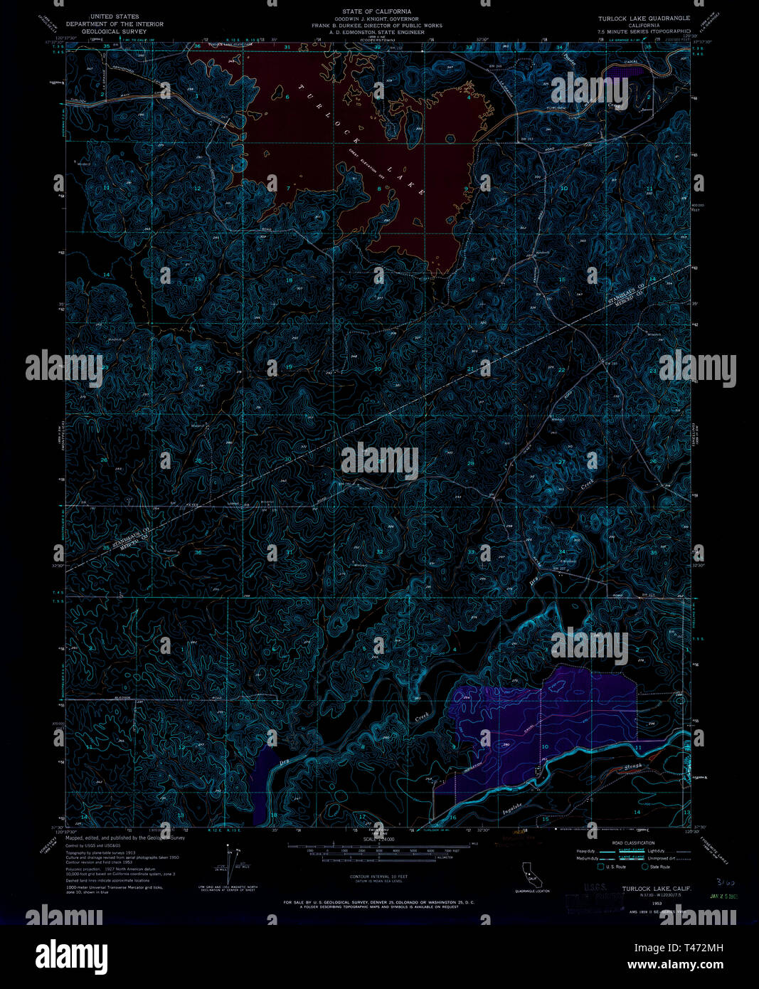 USGS TOPO Map California CA Turlock Lake 301008 1953 24000 Inverted Restoration Stock Photo