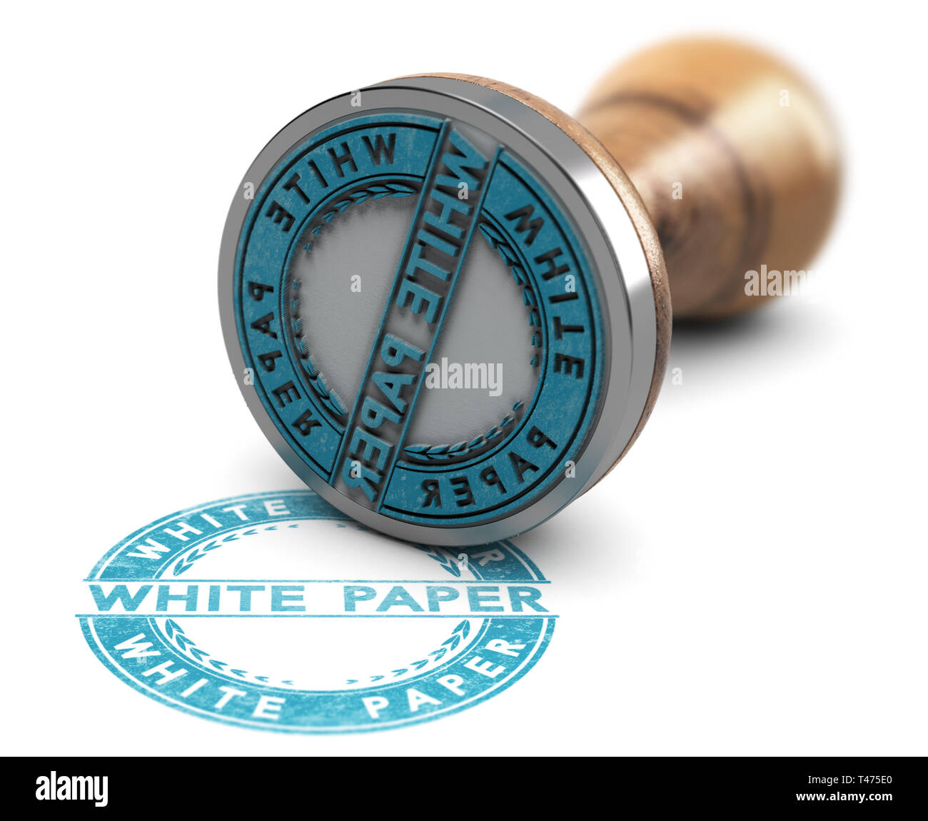 3d illustration of a rubber stamp over white background with the text white paper printed in blue color Stock Photo