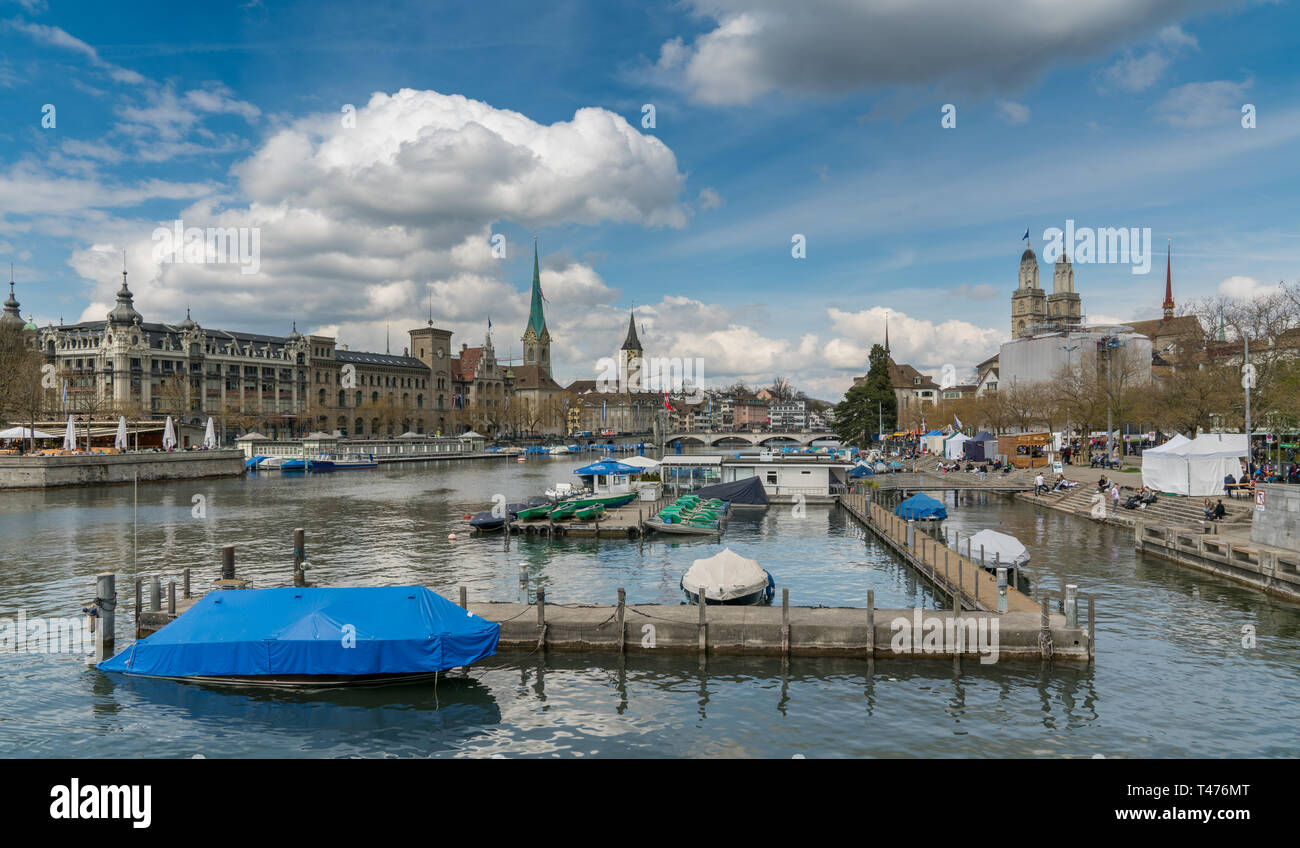 Zurich, ZH / Switzerland - April 8, 2019: Zurich cityscape with the river Limmat during the traditional spring festival of Sechselauten in April Stock Photo
