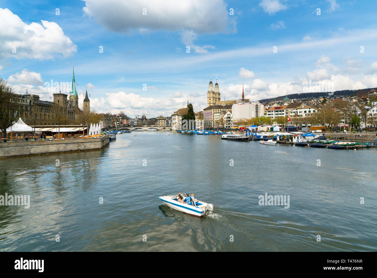 Zurich, ZH / Switzerland - April 8, 2019: Zurich cityscape with the river Limmat during the traditional spring festival of Sechselauten in April Stock Photo