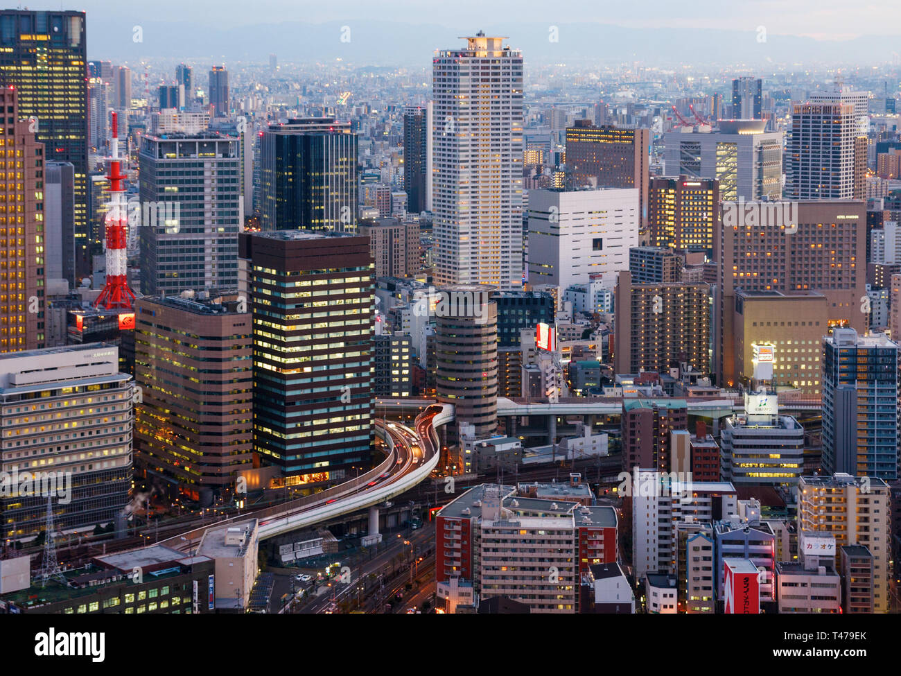 Aerial view of skyscrapers and office buildings of Umeda district. Osaka, Japan Stock Photo