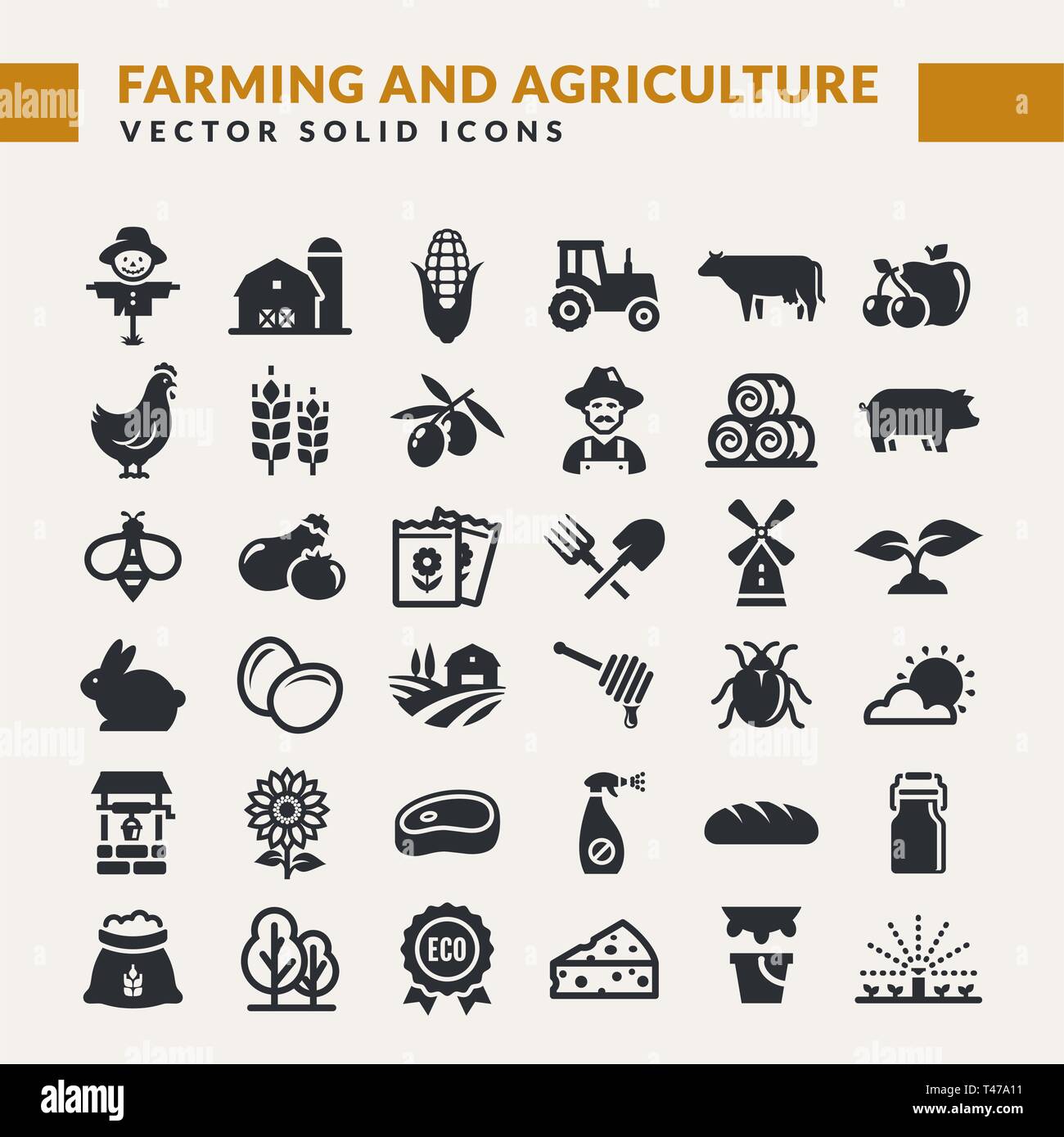Farming and agriculture icon set. Vector isolated farm and countryside symbols: cereal crop, fruit, vegetables, dairy products, animals, plants, tools Stock Vector