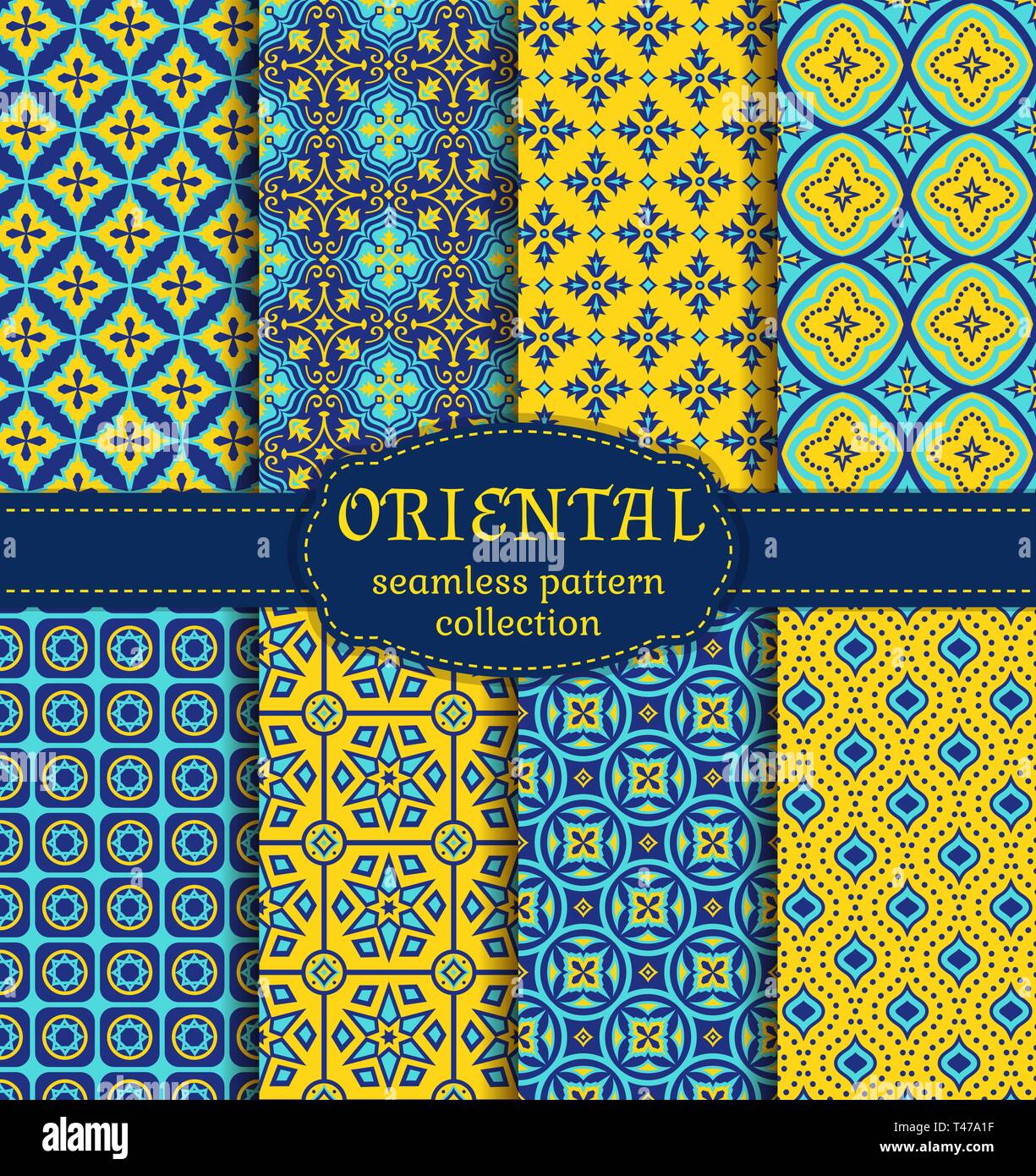 Eastern seamless patterns. Set in blue, indigo and yellow colors. Colorful collection of stylized oriental ornaments. Vector abstract backgrounds. Stock Vector