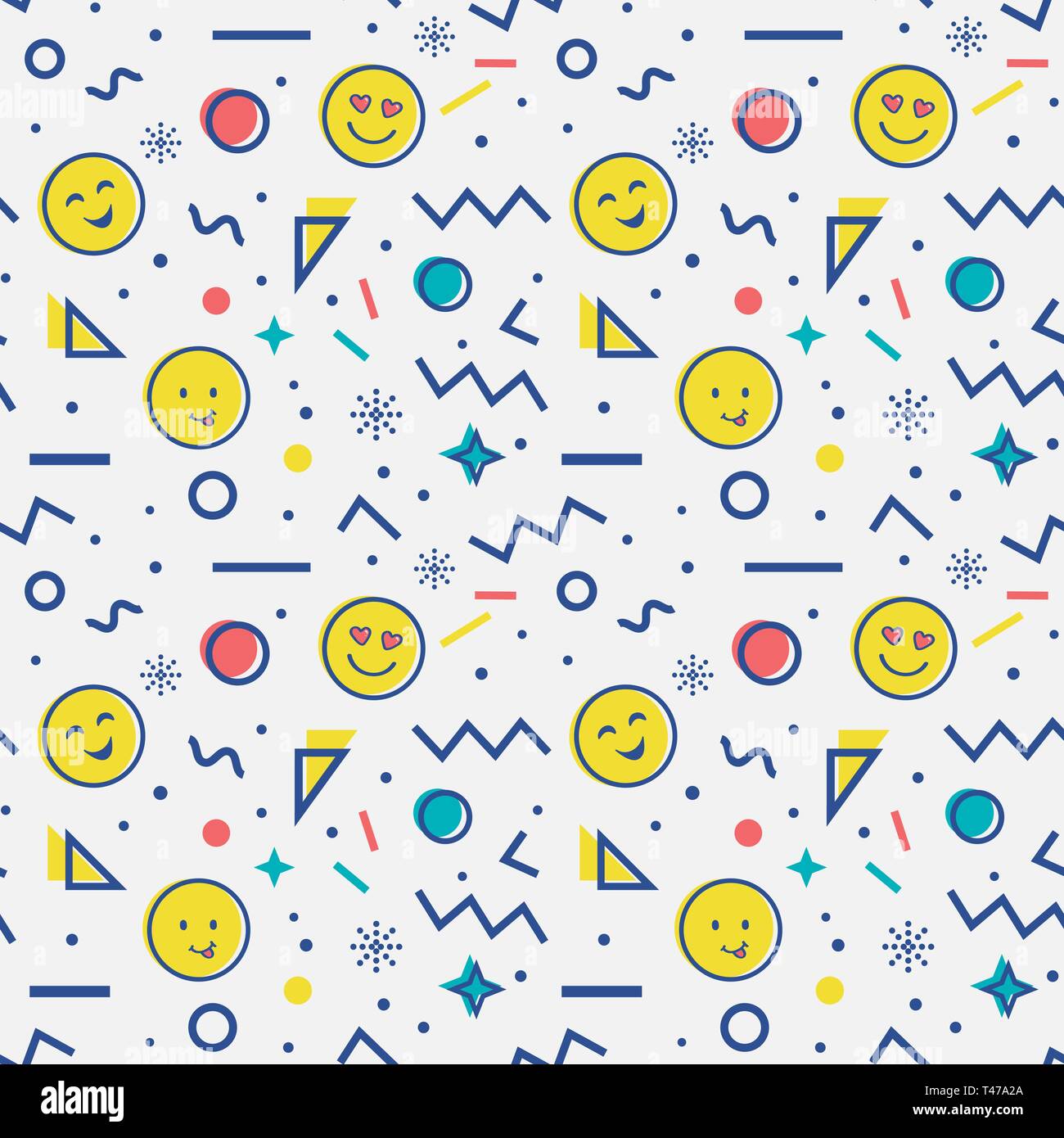 Cute seamless pattern with emoji and abstract geometric shapes in memphis style. Trendy vector background in white, blue, yellow and red colors. Stock Vector