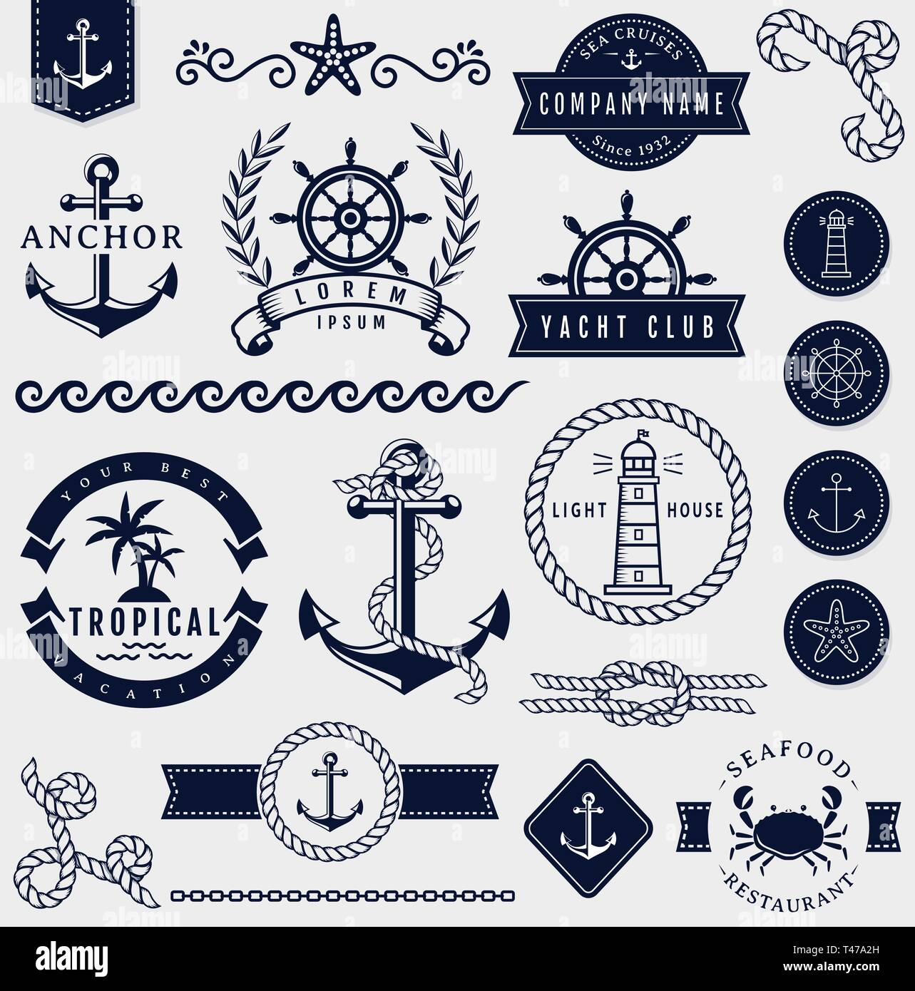Sea and nautical decorations isolated on white background. Collection of elements for company logos, identity, print products, page and web design. Stock Vector