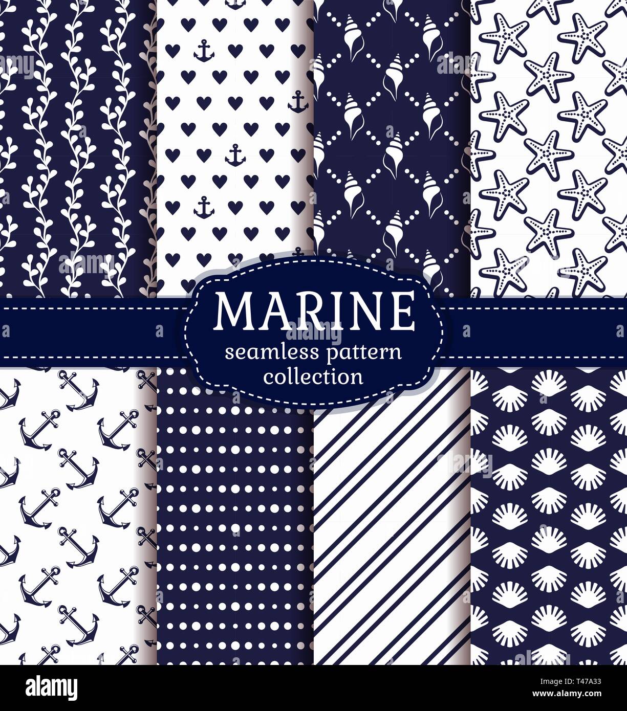 Set of marine and nautical backgrounds in navy blue and white colors. Sea theme. Seamless patterns collection. Vector illustration. Stock Vector