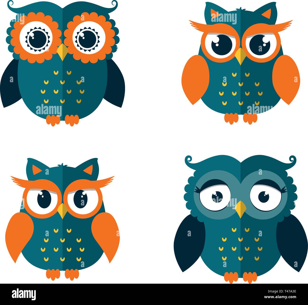 Set of four owls isolated on white background. Flat icons. Vector illustration. Stock Vector
