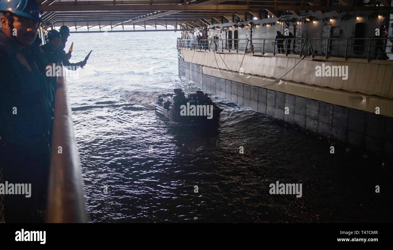 OCEAN (March 15, 2019) An assault amphibious vehicle attached to Battalion Landing Team 3rd Battalion, 5th Marine Regiment, 11th Marine Expeditionary Unit enters the well deck of the Harpers Ferry-class amphibious dock landing ship USS Harpers Ferry (LSD 49). Harpers Ferry is underway conducting routine operations as a part of USS Boxer Amphibious Ready Group (ARG) in the eastern Pacific Ocean. Stock Photo