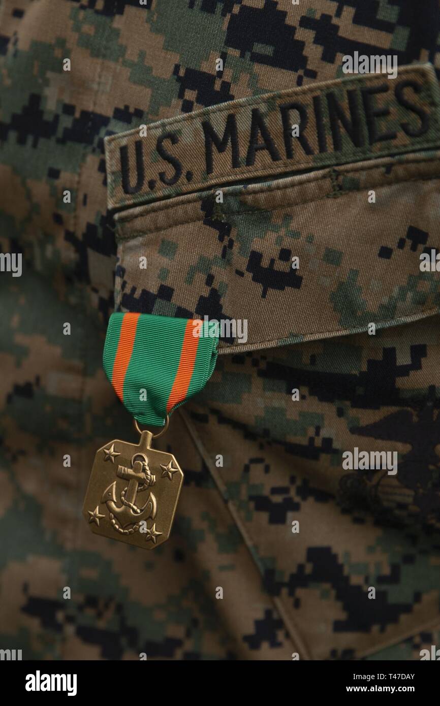 U.S. Marine Corps Sgt. Andrew S. Peel, an instructor assigned to Financial Management School, Marine Corps Combat Service Support Schools, receives a Navy and Marine Corps Achievement medal, during the Instructor of the Year ceremony at Camp Johnson, N.C., March 15, 2018. The Instructor of the Year ceremony recognizes instructors who have demonstrated sustained superior performance in their instructional abilities. Stock Photo