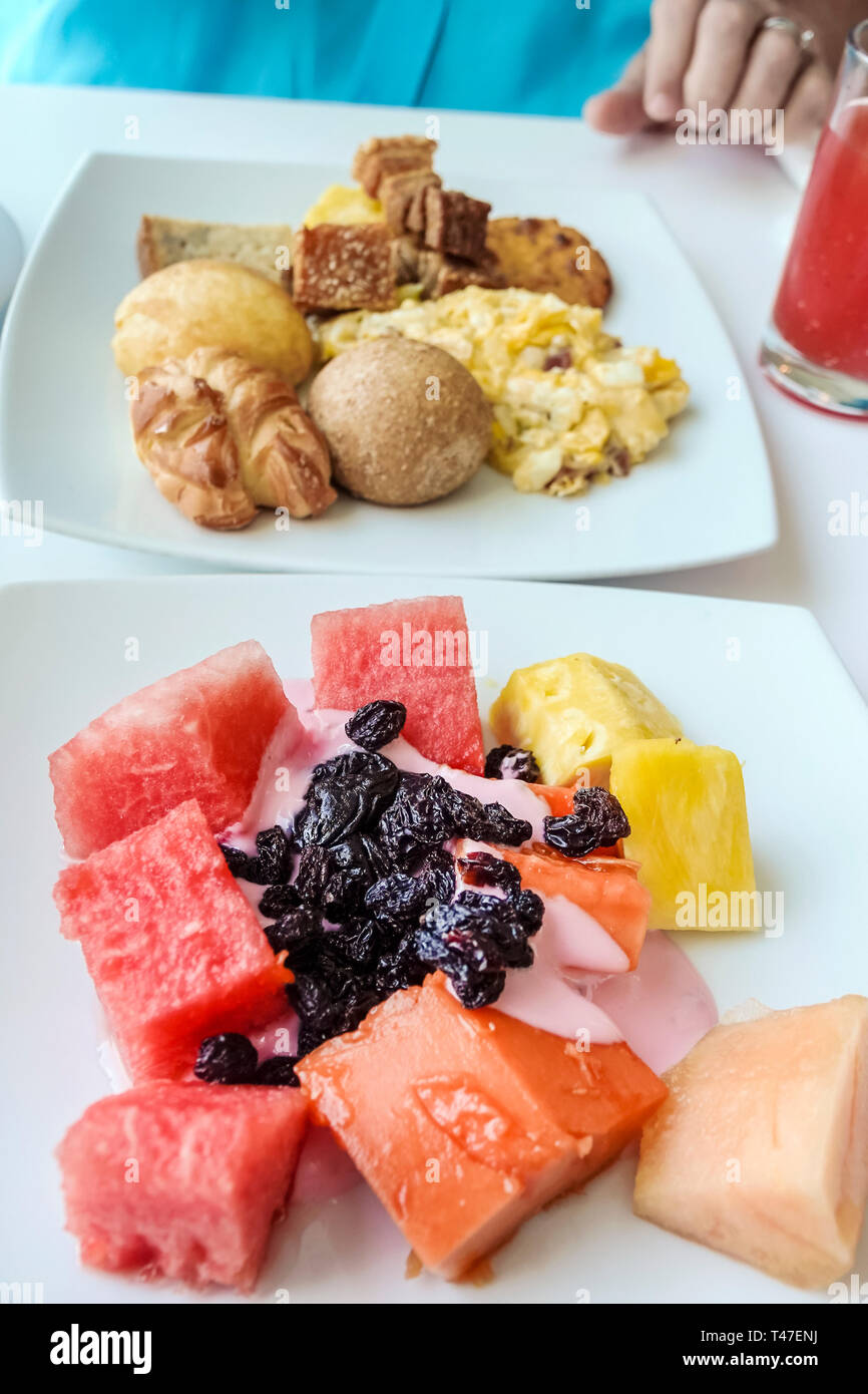 Cartagena Colombia,El Lagito,Hotel Dann Cartagena,hotel,free included breakfast buffet,rolls bread,fruit plate drink,watermelon raisins pineapple papa Stock Photo