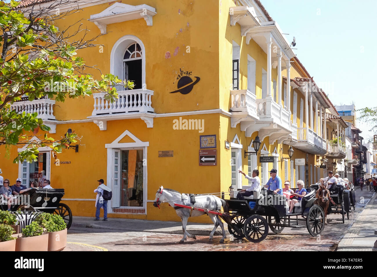 Colombia, Cartagena, Old Walled City Center centre, Centro, Plaza de Santa Teresa, colonial architecture, horse carriage tour, sightseeing visitors tr Stock Photo