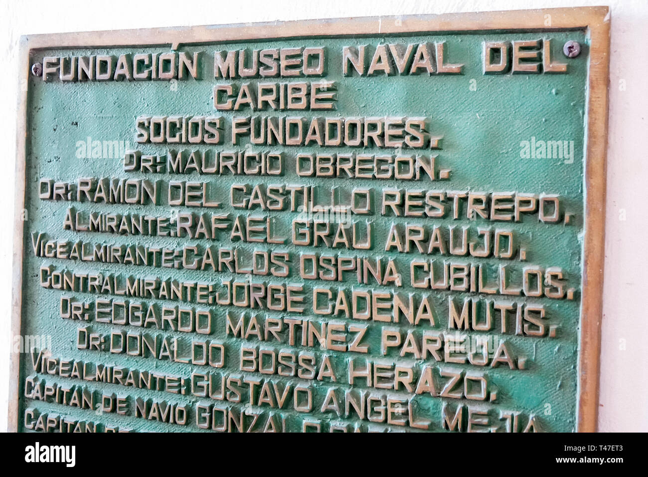 Cartagena Colombia,Museo Naval del Caribe,Caribbean naval museum,founding members metal plaque,Spanish language,COL190122035 Stock Photo