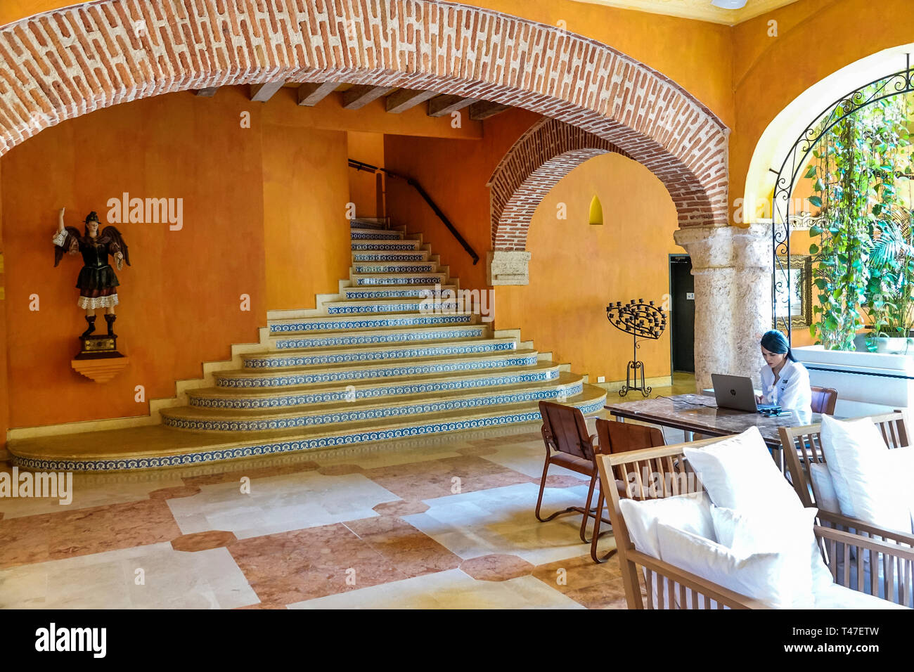 Colombia, Cartagena, Old Walled City Center centre, Centro, Hotel Charleston Santa Teresa, hotel hotels lodging inn motel motels, building interior lo Stock Photo
