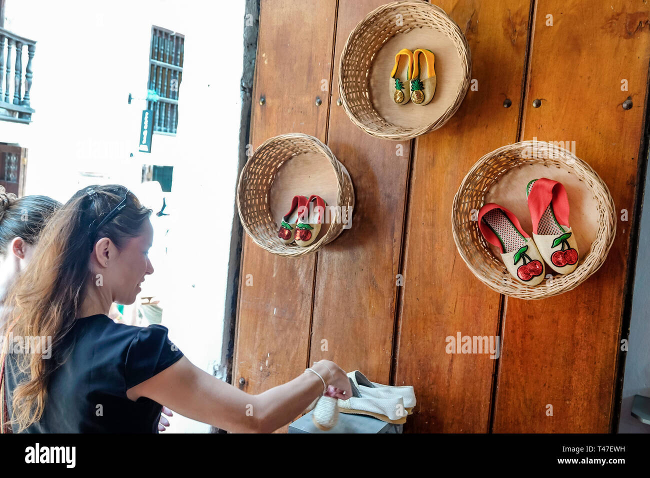 Cartagena Colombia,sign,Craftshoes,store,local manufacturer,Spanish language,Hispanic Latin Latino ethnic immigrant immigrants minority,resident,resid Stock Photo