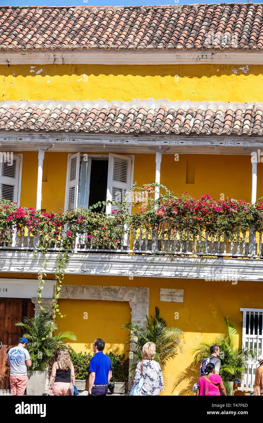 Cartagena Colombia,Casa Pombo,historic house houses,1804,Don Manuel de Anguiano,colonial mansion,exterior,balcony,guided tour,adult adults man men mal Stock Photo