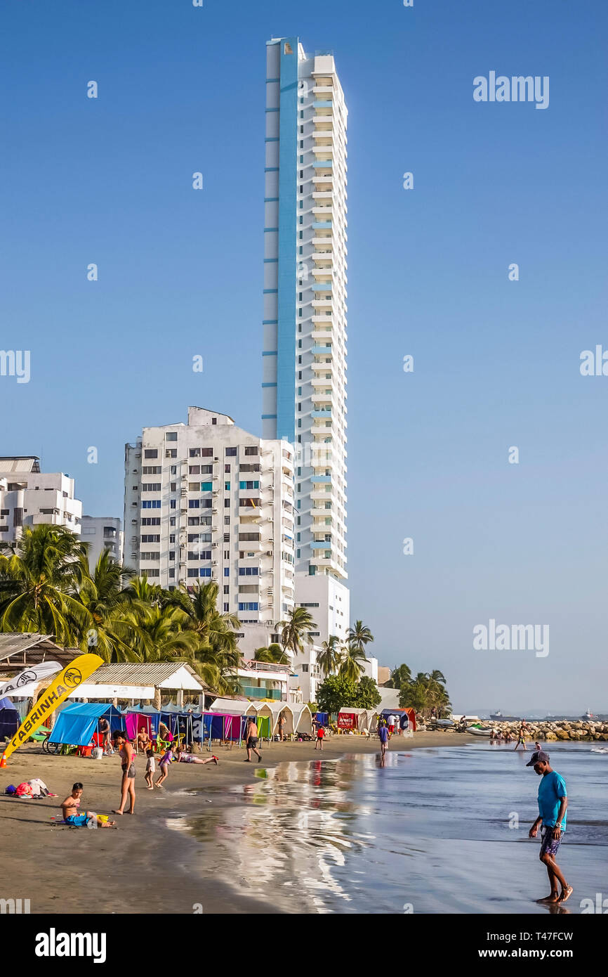 Cartagena Colombia,El Lagito,apartment building,high rise skyscraper skyscrapers building buildings tall,thin,waterfront,beach,sand,water,COL190122151 Stock Photo