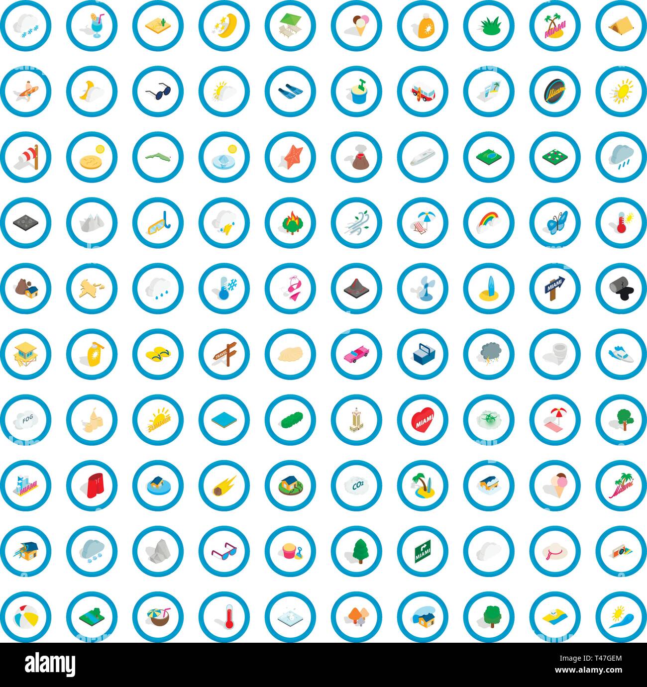 100 sunshine icons set, isometric 3d style Stock Vector