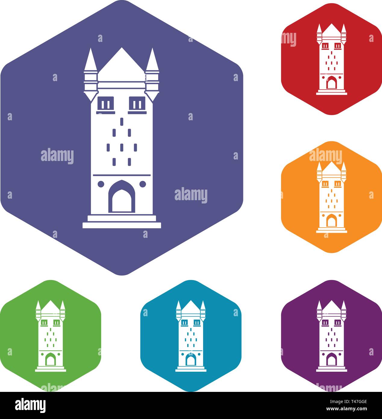 Castle tower icons vector hexahedron Stock Vector