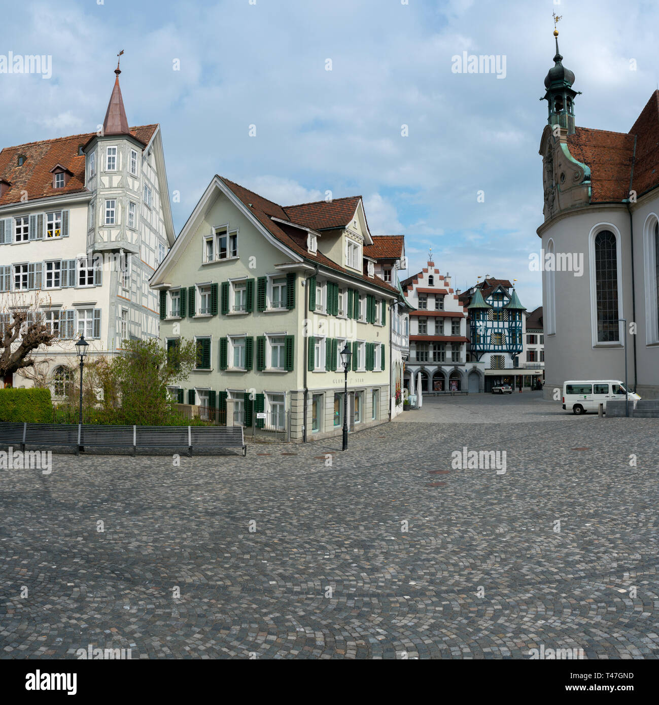 St. Gallen, SG / Switzerland - April 8, 2019: the view from the historic St. Gallus Square in the Swiss city of Sankt Gallen Stock Photo