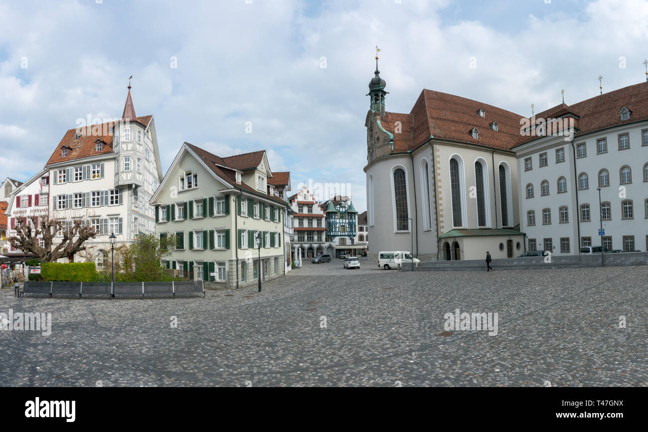 St. Gallen, SG / Switzerland - April 8, 2019: the view from the historic St. Gallus Square in the Swiss city of Sankt Gallen Stock Photo