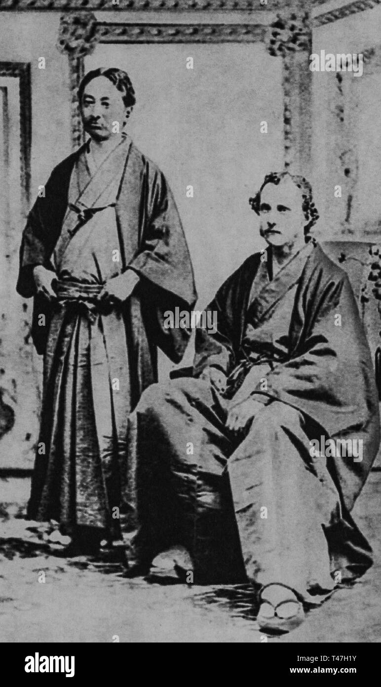 Portrait of Ernest Francisco Fenollosa (1853 –1908)  ( right ) and Tenshin Okakura ( 1862 – 1913 )( left ), Private Collection. Stock Photo