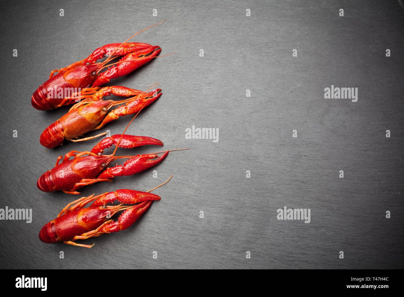 Lobster. Seafood. On a black slate background. Top view. Free space for your text. Stock Photo