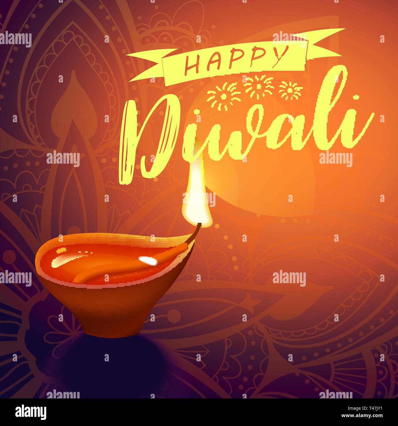 Post card for Diwali festival with realistic indian lamp with fire flame and mandala. Happy Diwali concept, insignia. Typography poster or logo for Stock Vector