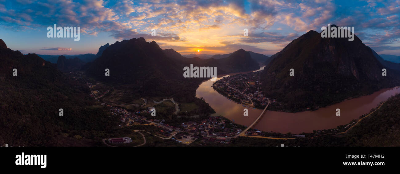 Aerial Panoramic Nam Ou River Nong Khiaw Muang Ngoi Laos Sunset aerial-panoramic-nam-ou-river-nong-khiaw-muang-ngoi-laos-sunset