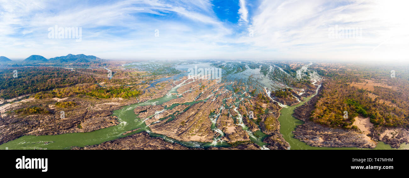 Aerial panoramic 4000 islands Mekong River in Laos, Li Phi waterfalls, famous travel destination backpacker in South East Asia Stock Photo