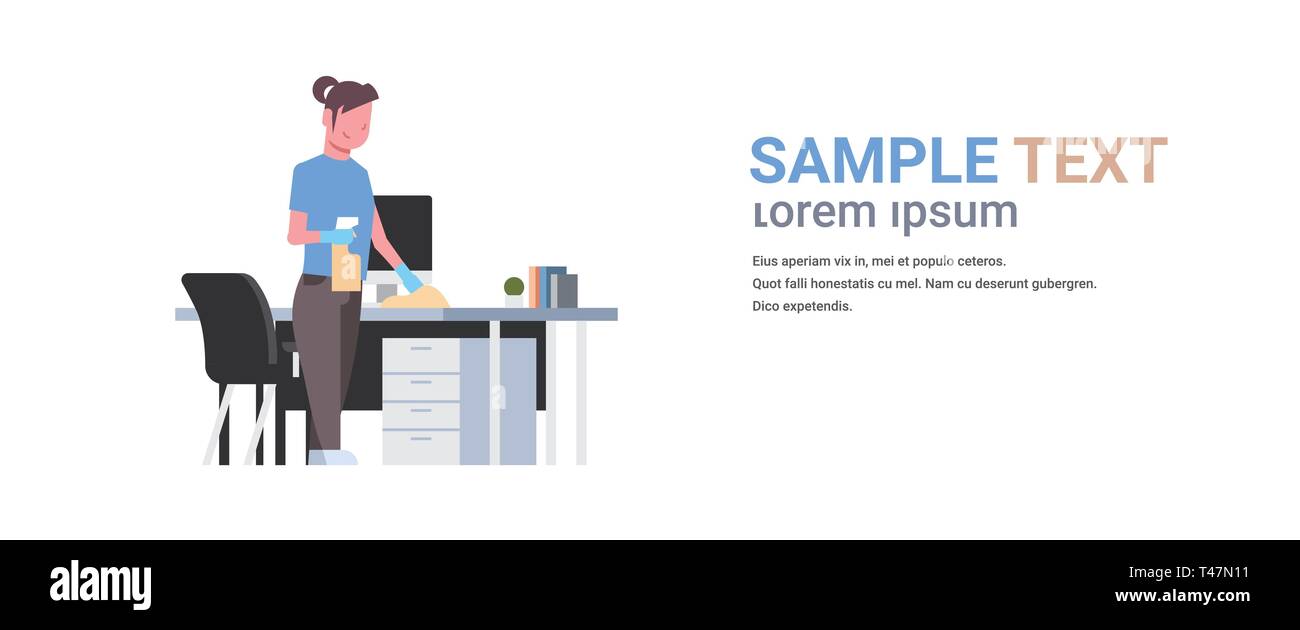 housewife cleaning computer table with duster woman wiping workplace