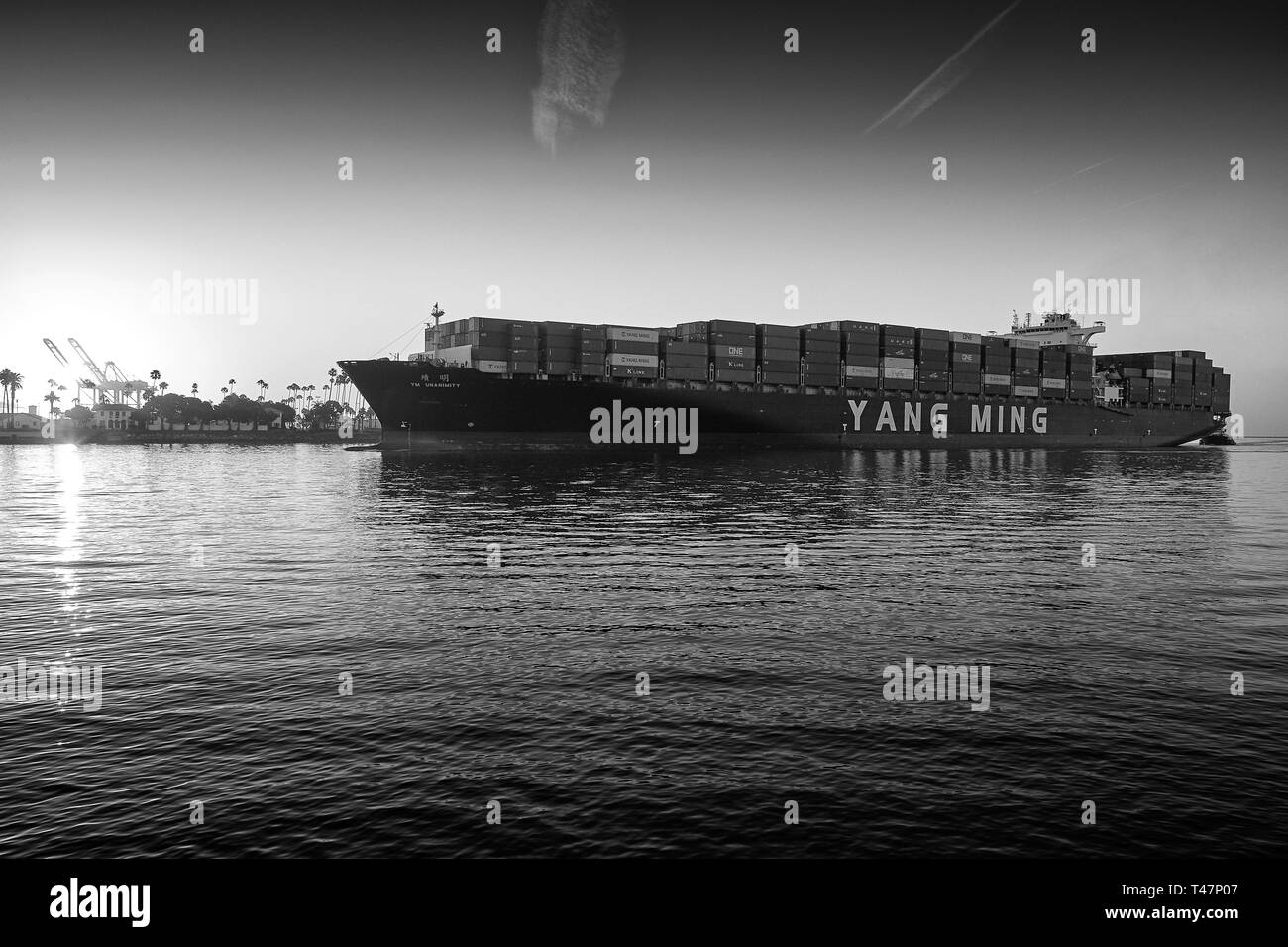 Black And White Photo Of The Giant YANG MING Container Ship, YM UNANIMITY, Entering The Los Angeles Main Channel, Bound For The Port Of Los Angeles Stock Photo