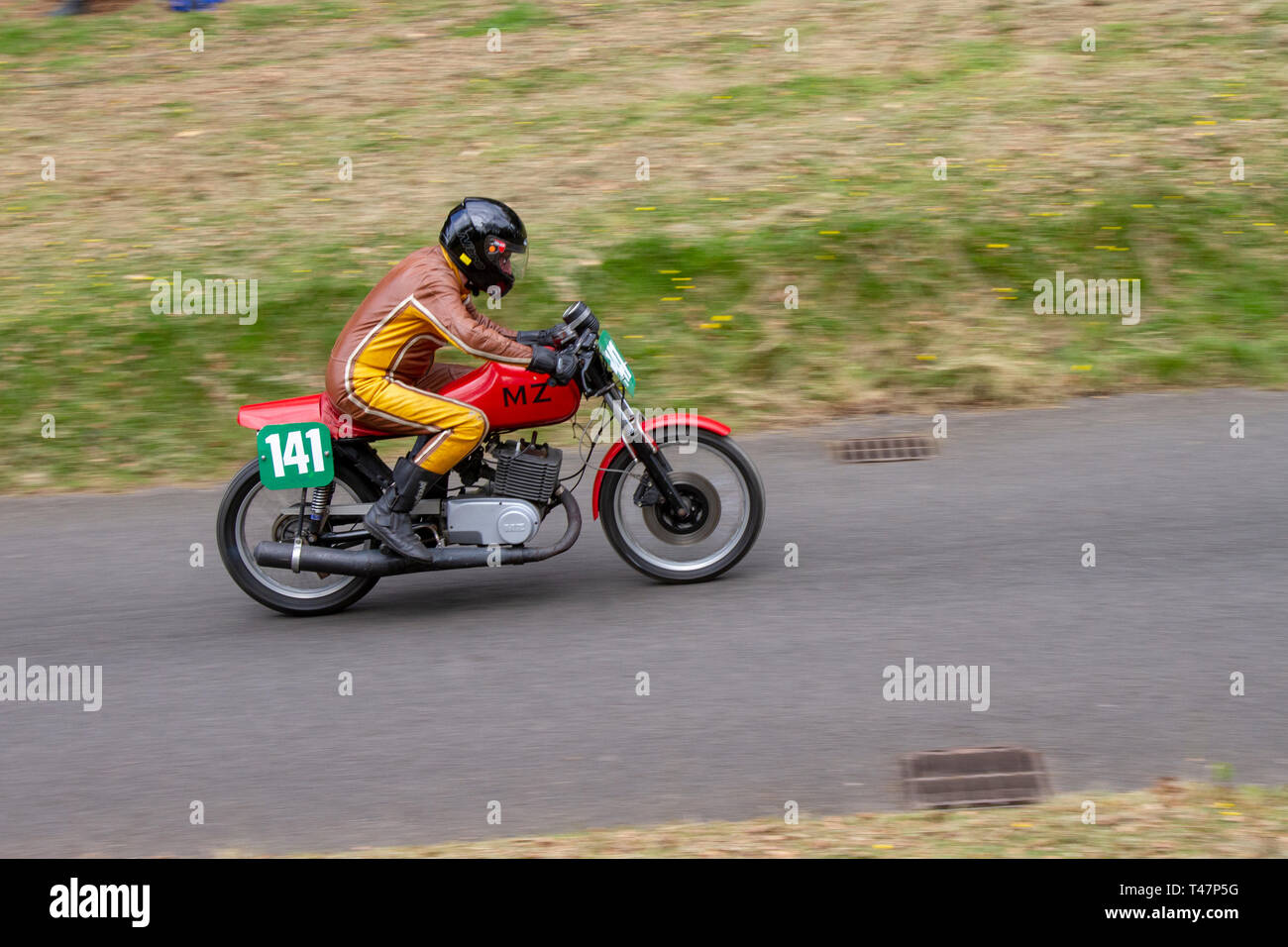 Chorley, Lancashire, UK. April, 2019. Hoghton Tower 43rd Motorcycle Sprint. Rider 141 Malcom Cookson from Barrow-in-Furness riding a 1972 25occ MZ vintage classic motorbike. Stock Photo