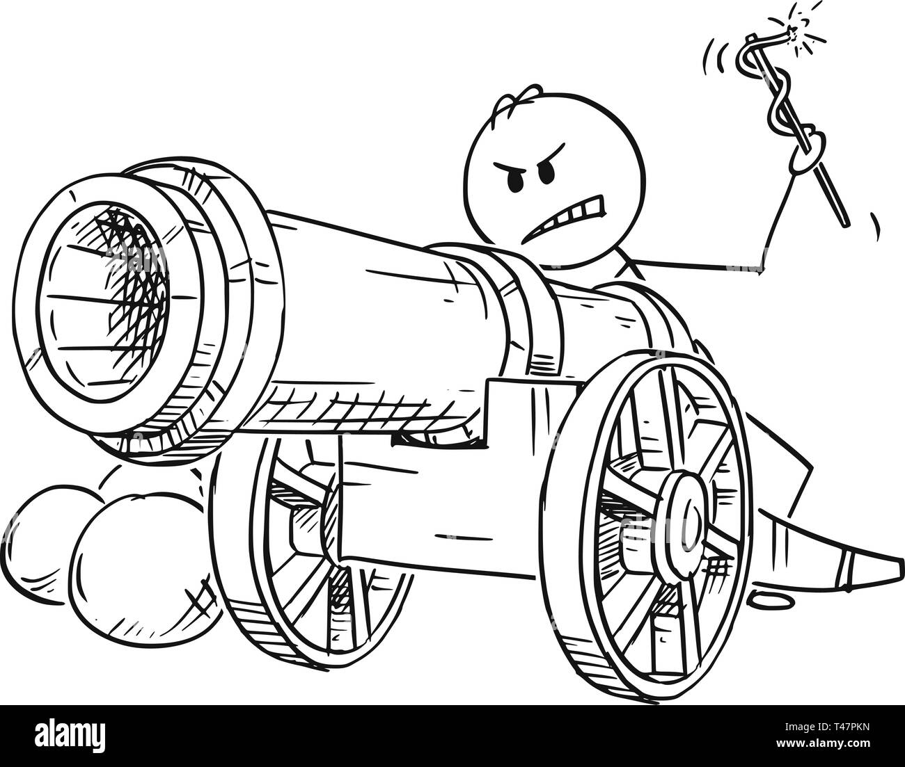 Cartoon stick figure drawing conceptual illustration of angry man or businessman targeting with antique cannon ready to fire. Stock Vector