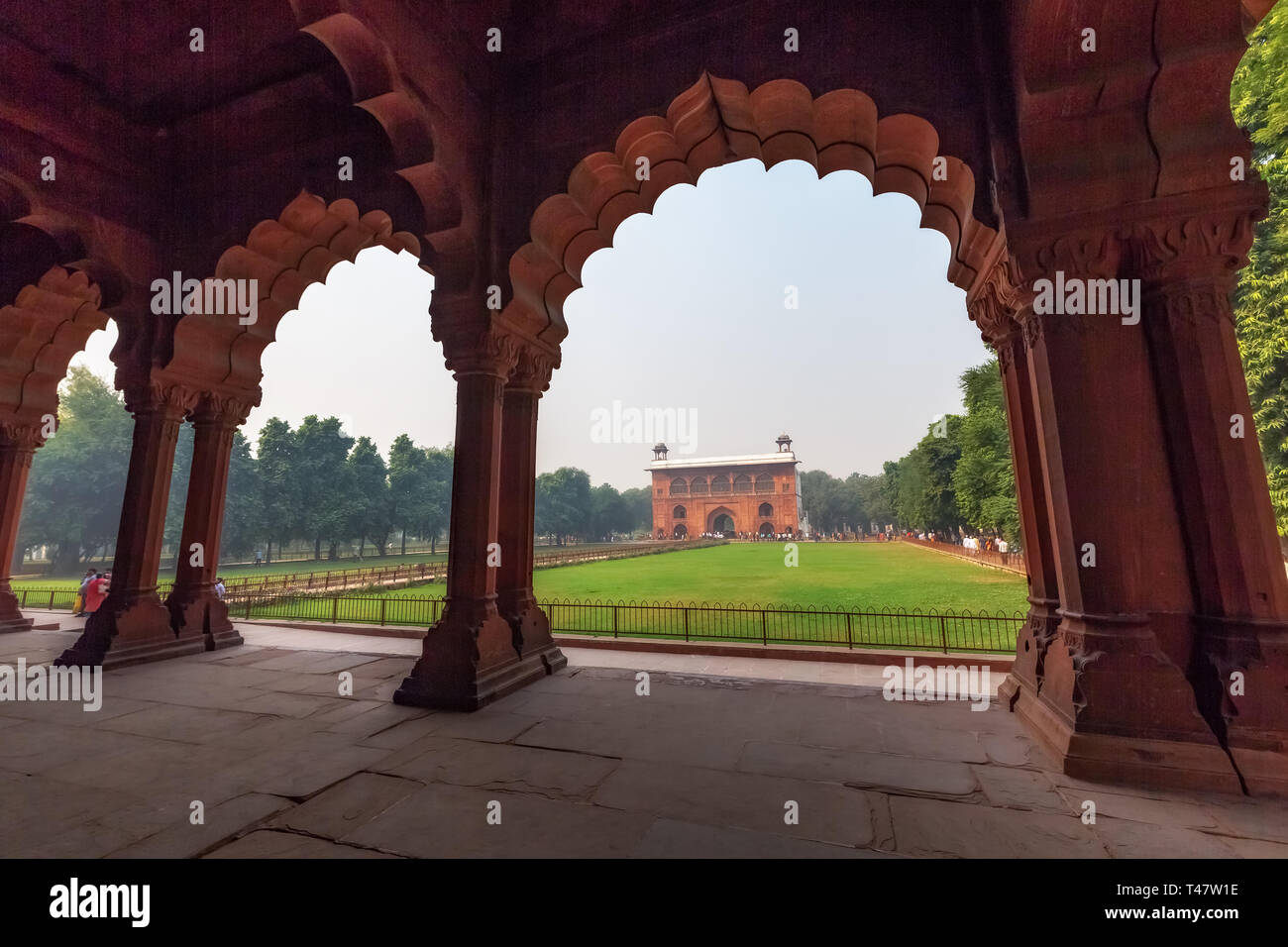 Red Fort Delhi interior view of 'Naubat Khana' as seen from Diwan-i-Aam with adjoining garden. Stock Photo