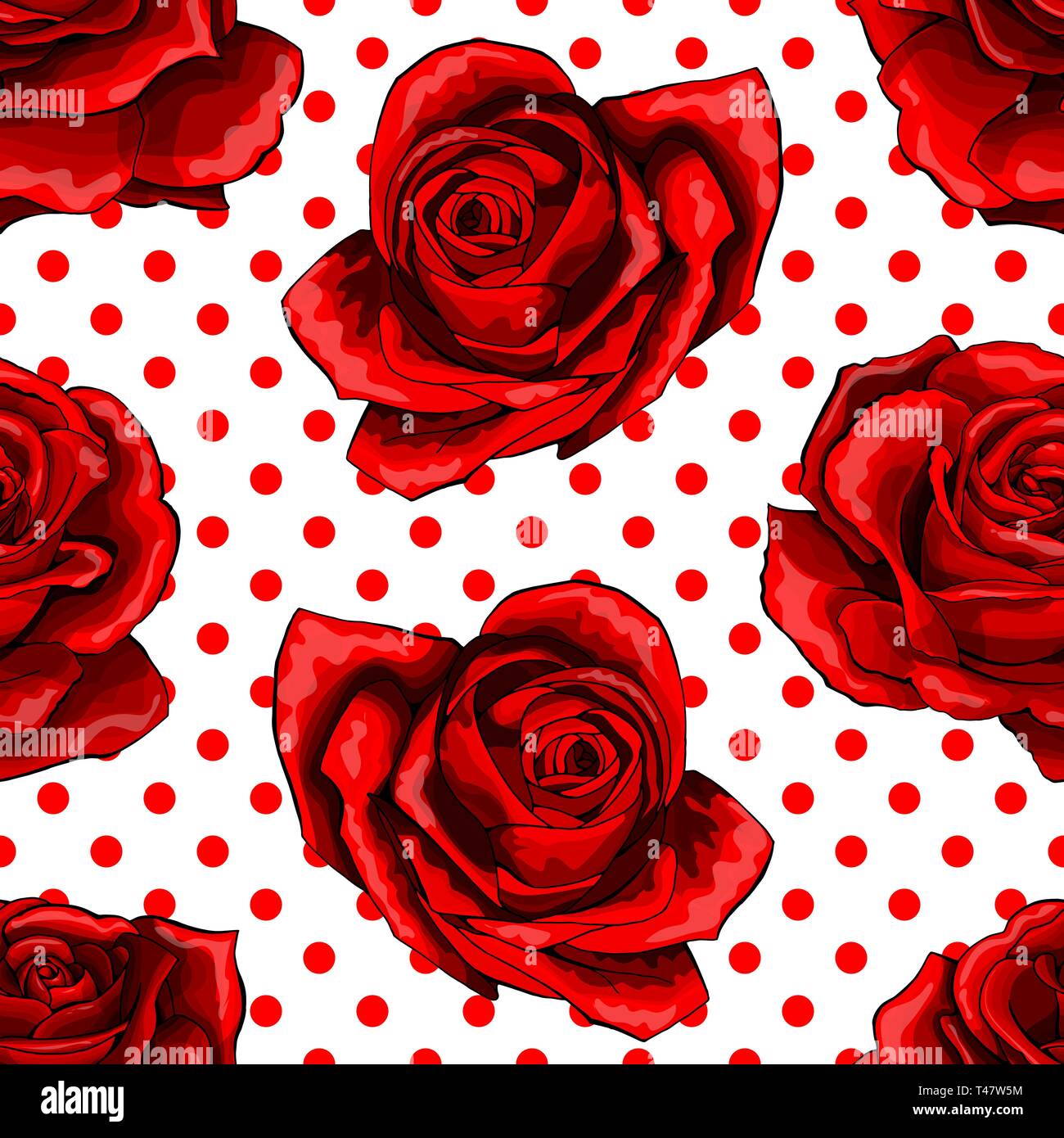 Seamless pattern, background with red roses, isolated on polka dots background Stock Vector