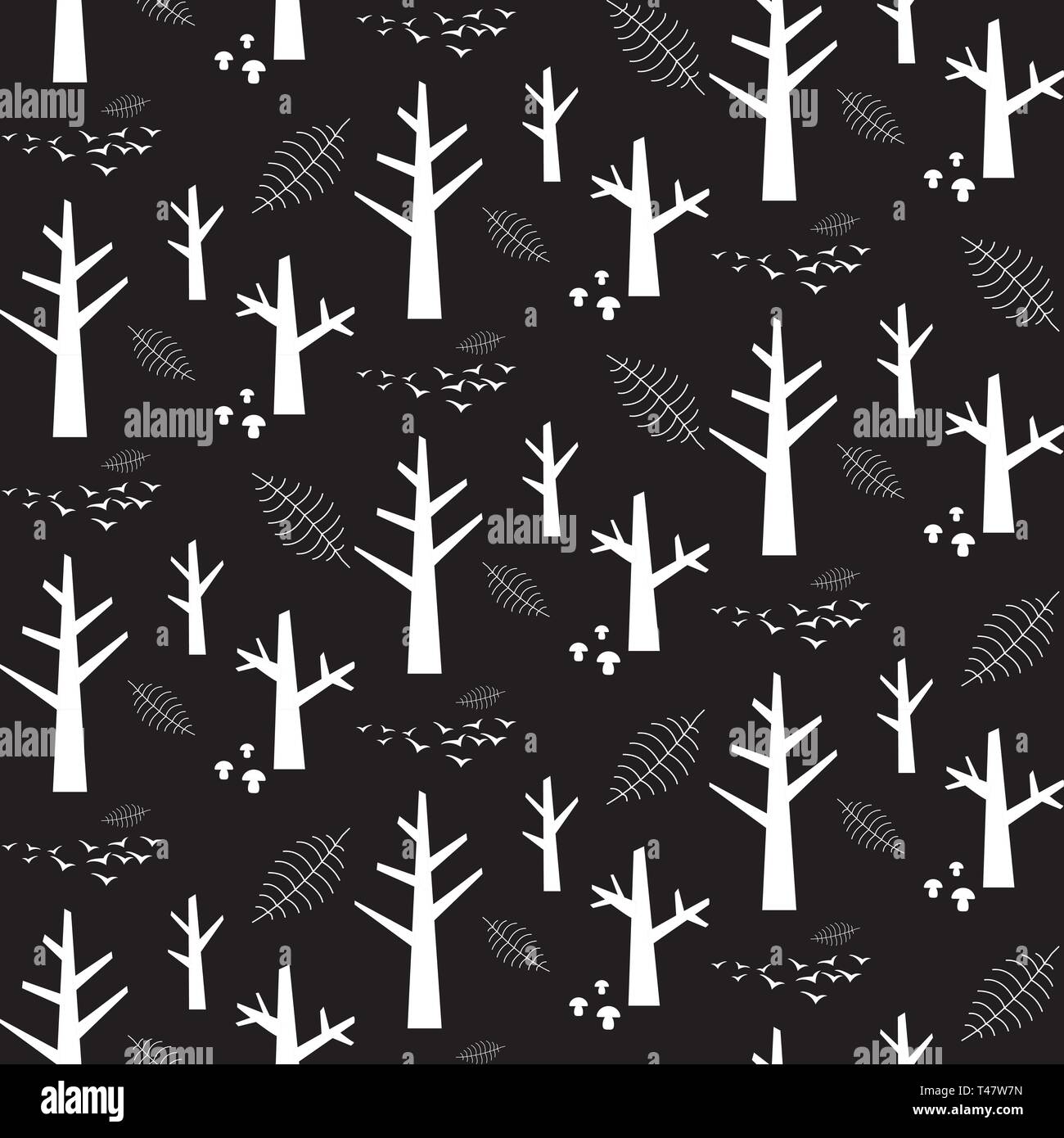 Vector monochrome seamless pattern with white nature elements on a black background Stock Vector