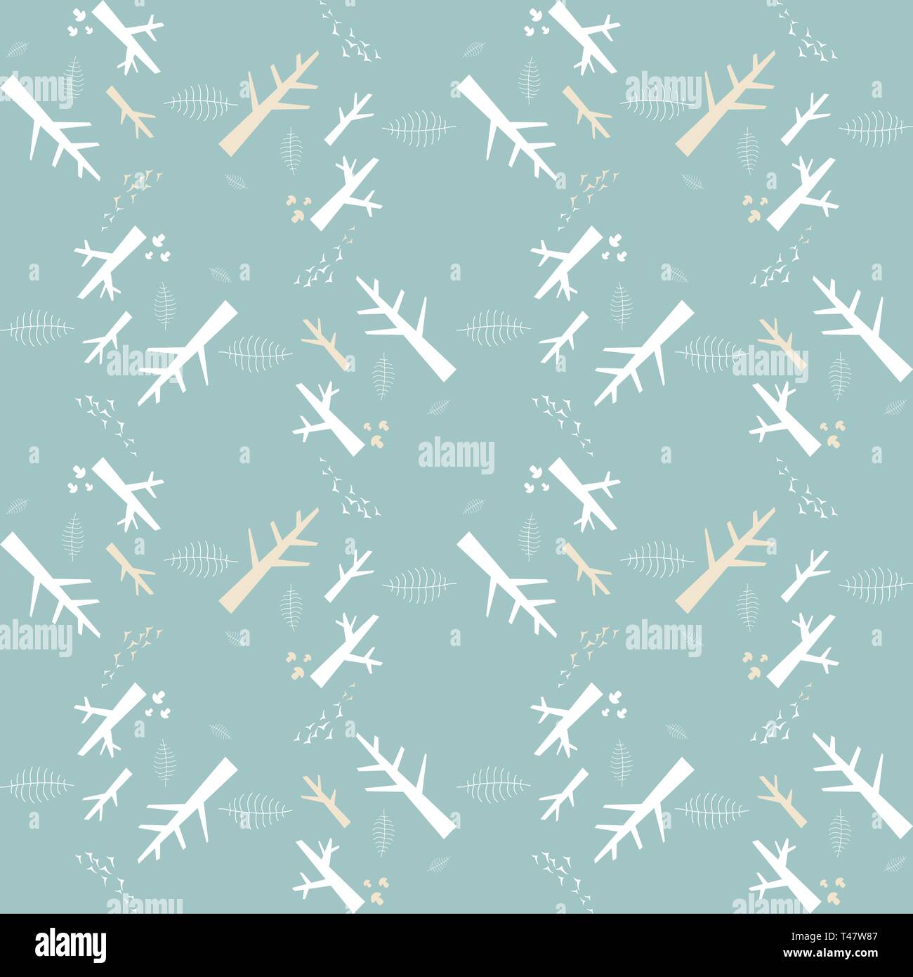 Vector seamless pattern with white nature elements on a blue background Stock Vector