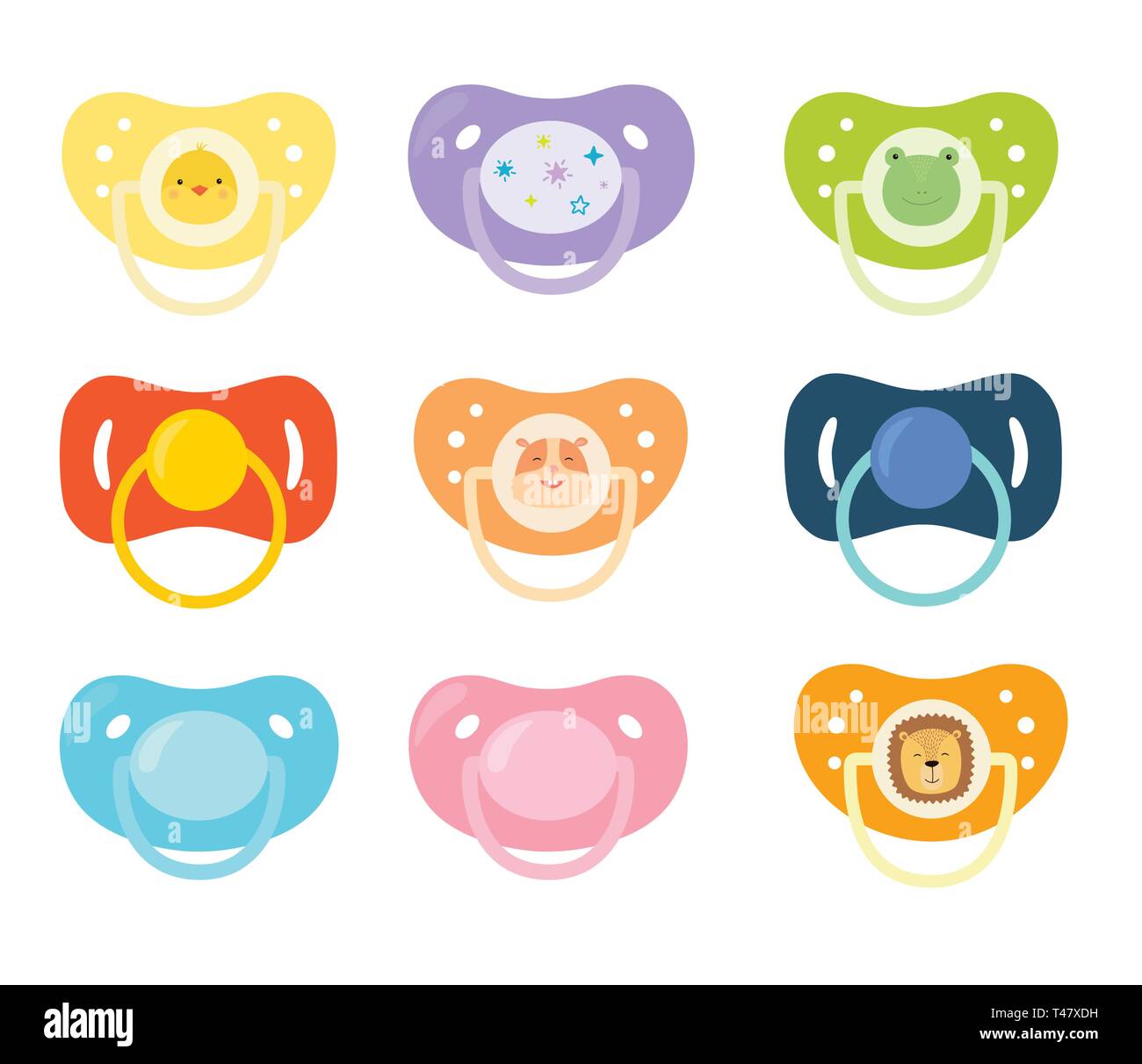 Set of children s pacifiers. Baby care equipment. Vector illustration. Stock Vector