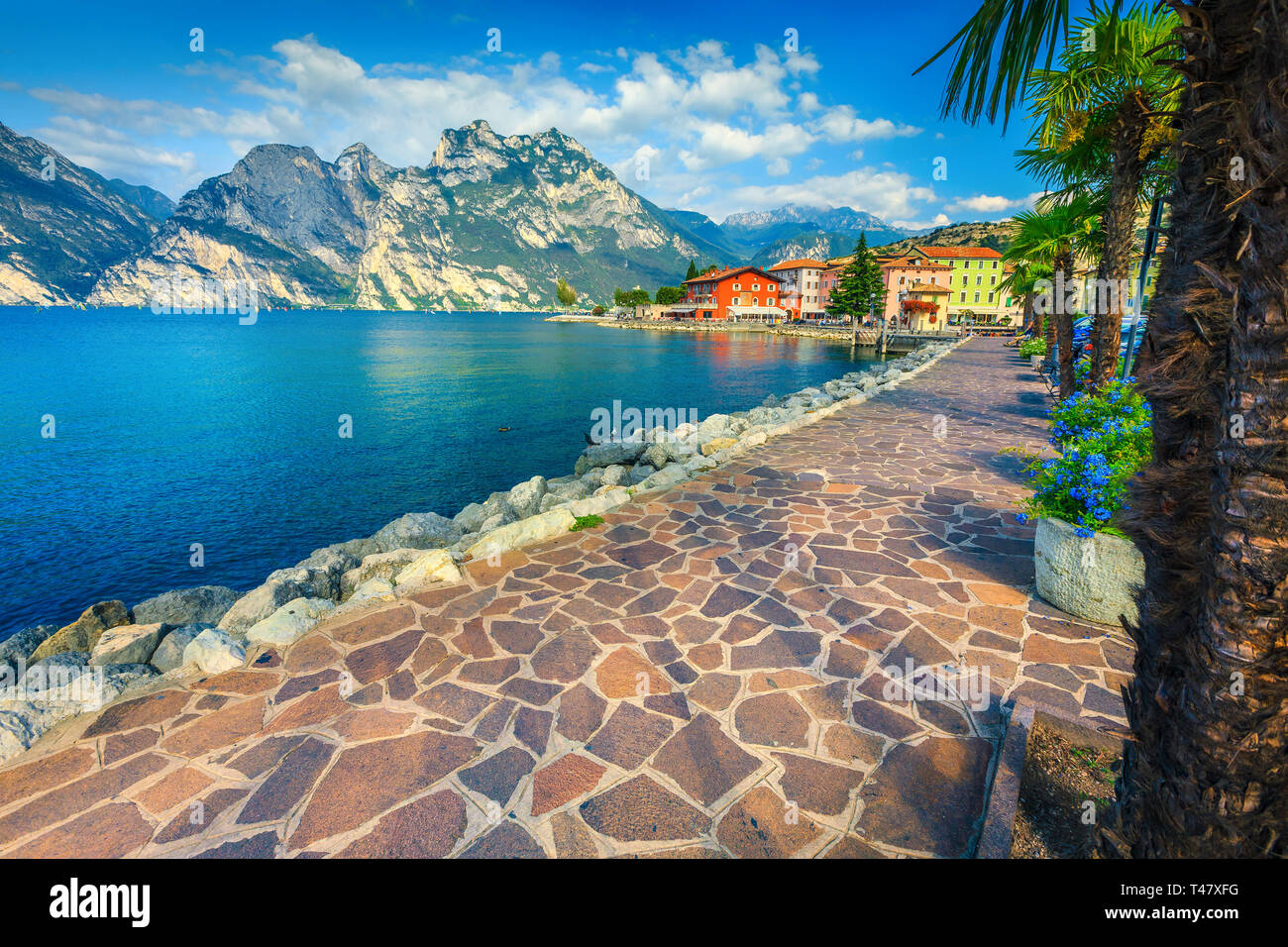 Fantastic promenade decorated with colorful mediterranean flowers. Amazing landscape with high mountains and lake Garda, Torbole, Italy, Europe Stock Photo