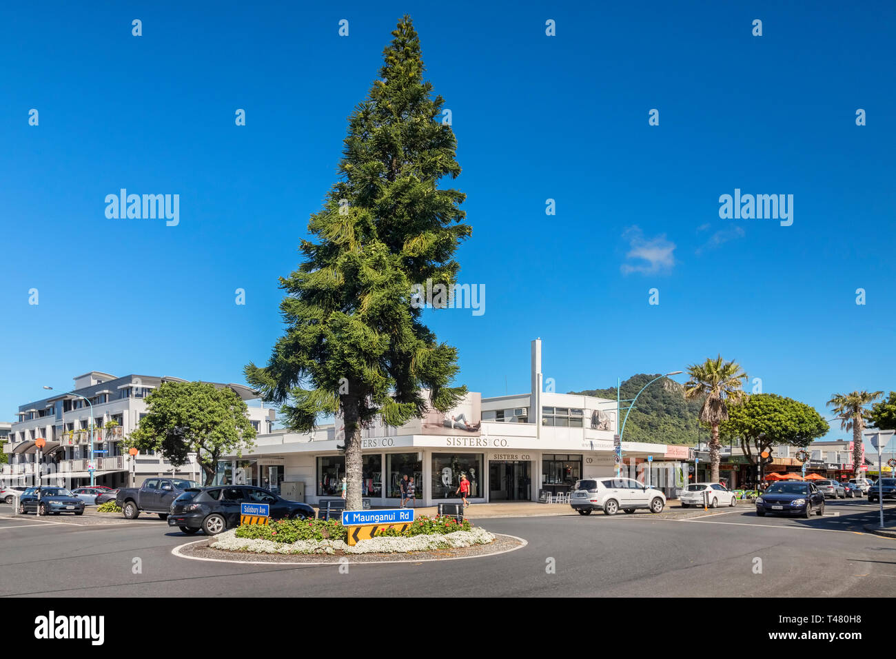 16 December 2018: Mount Maunganui, New Zealand - Intersection and roundabout in Mount Maunganui centre. Stock Photo