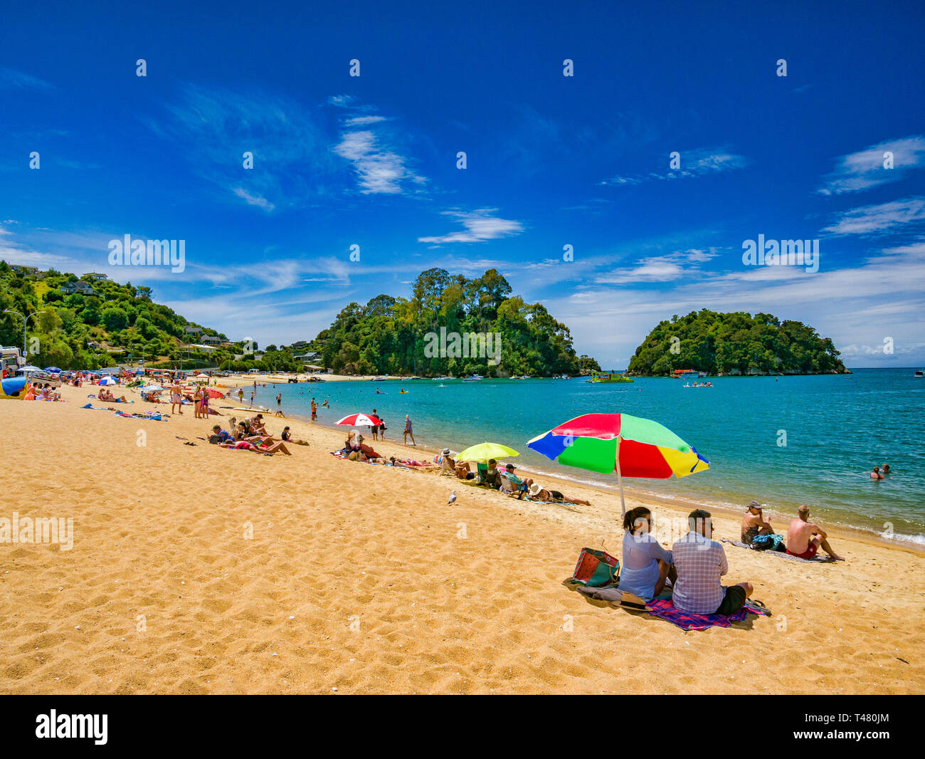 13 January 2019: Tasman, New Zealand - Gateway to Abel Tasman National Park, Kaiteriteri Beach is famous for its golden sand and turquoise water. Stock Photo
