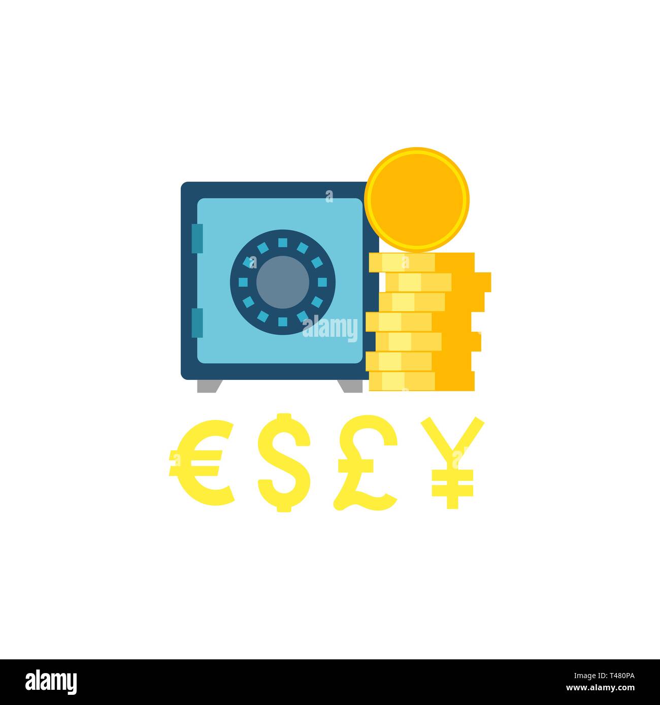 Safe wit Coins Stack. Safe with Coins Stack and Different Currency Vector Flat Icon Isolated on White Background. Stock Vector