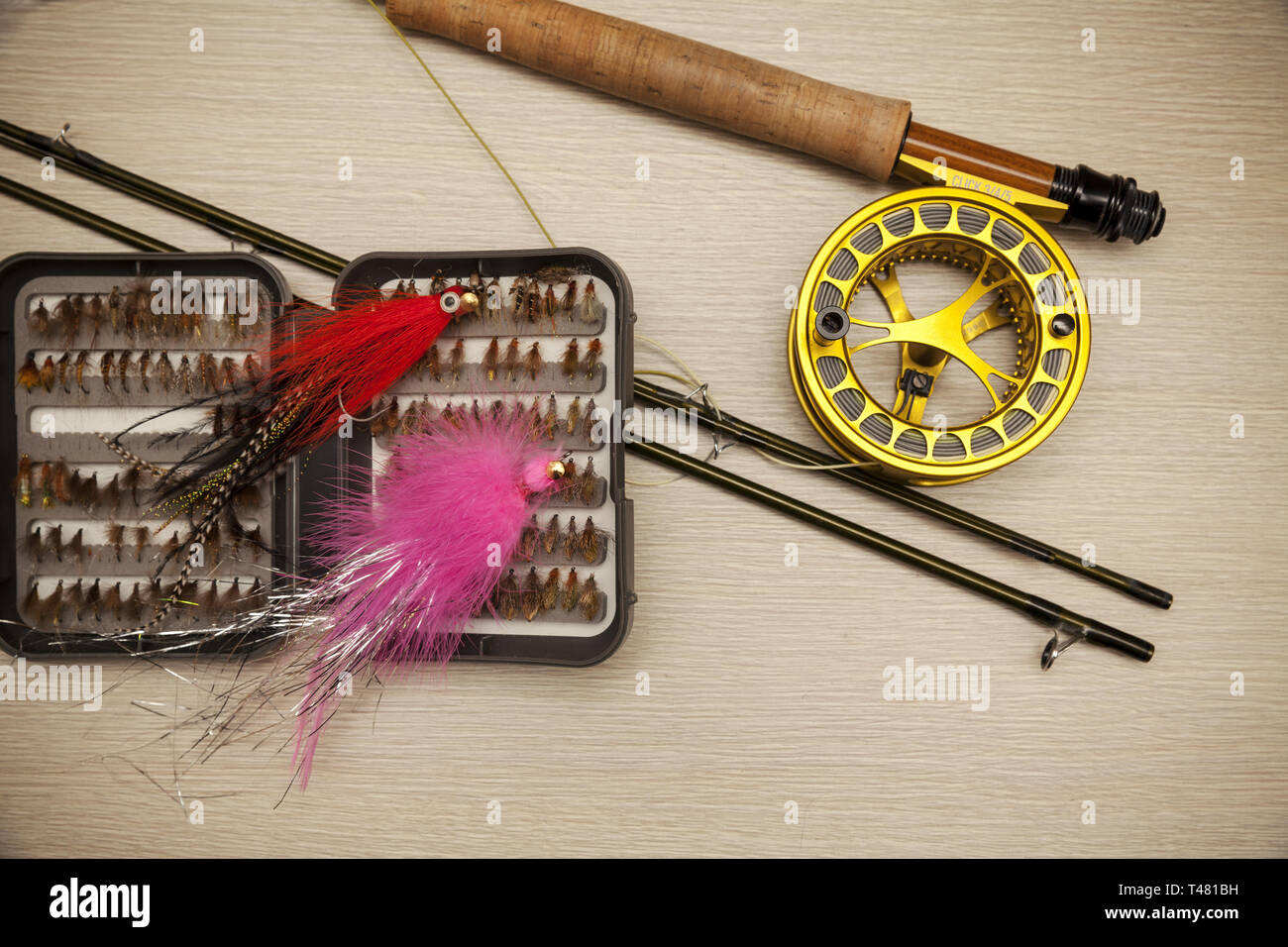 Fly fishing equipment, close up Stock Photo Alamy